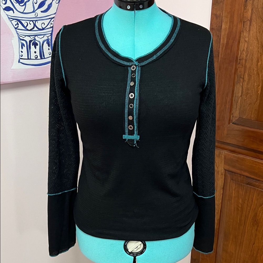 POL Black Long Sleeve Henley with Teal Contrast Trim